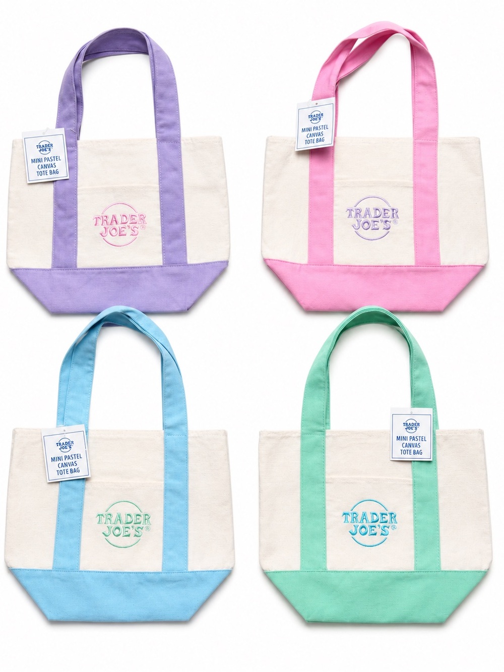 Trader Joe’s Mini Pastel Canvas Tote Bag Set- Purple, Pink, Blue, Green - NWT
